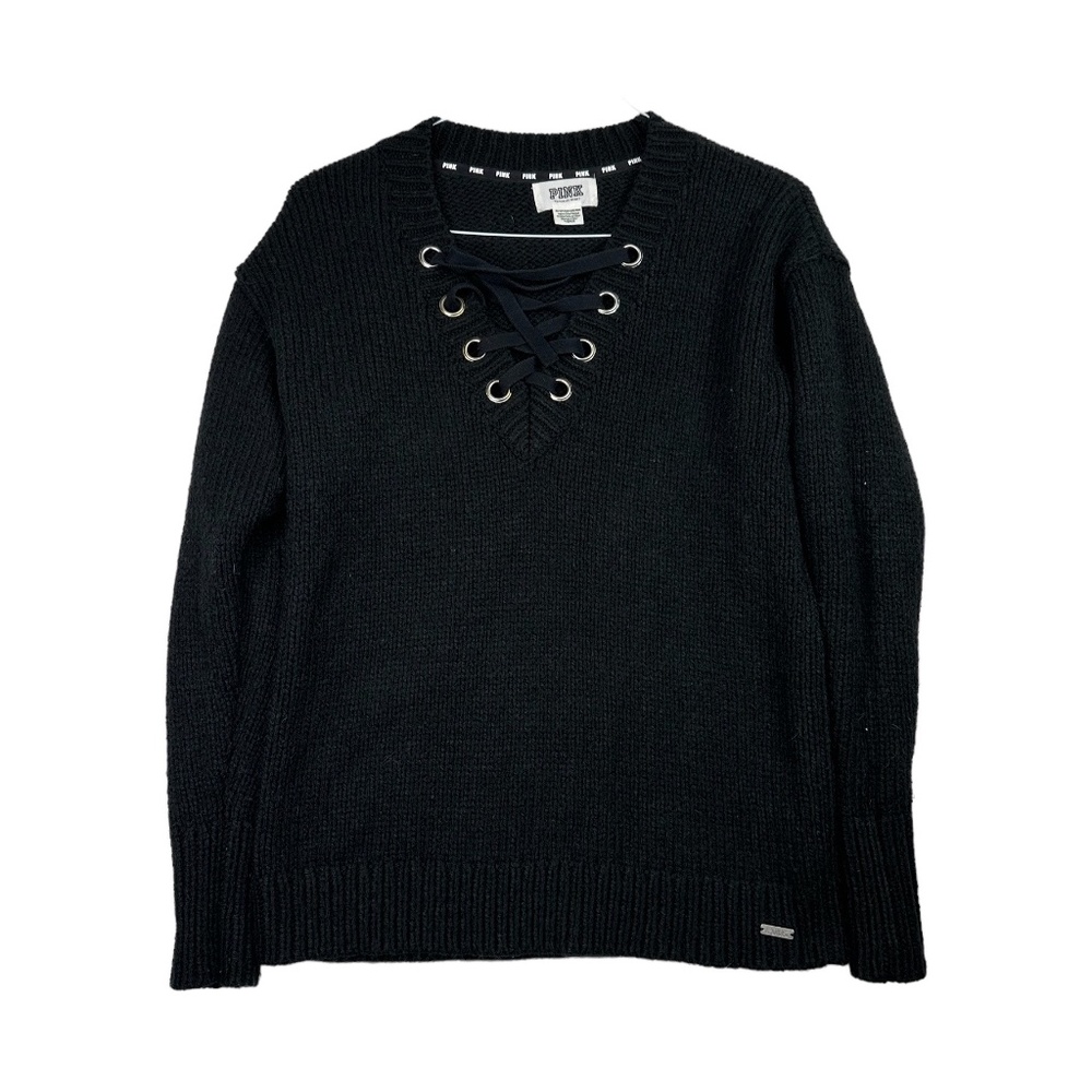 Pink Victoria's‎ Secret Black Knit sweater with lace up v neck Size XS